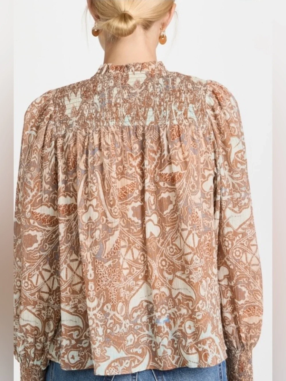 Ulla Johnson Taupe & Cream Paisley Tie-Neck Blouse